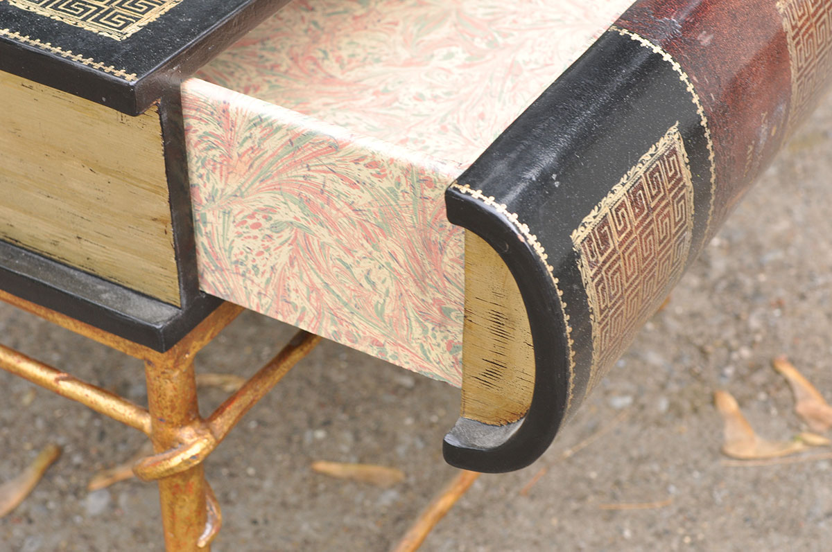 Unique Handpainted Book Themed Table with Drawer and Metal Frame