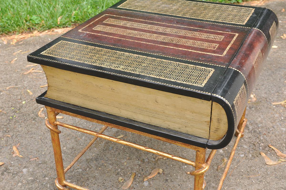 Unique Handpainted Book Themed Table with Drawer and Metal Frame