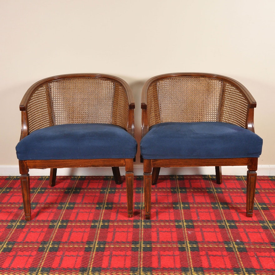 Pair of Caned Barrel Back Armchairs with Navy Upholstered Seats