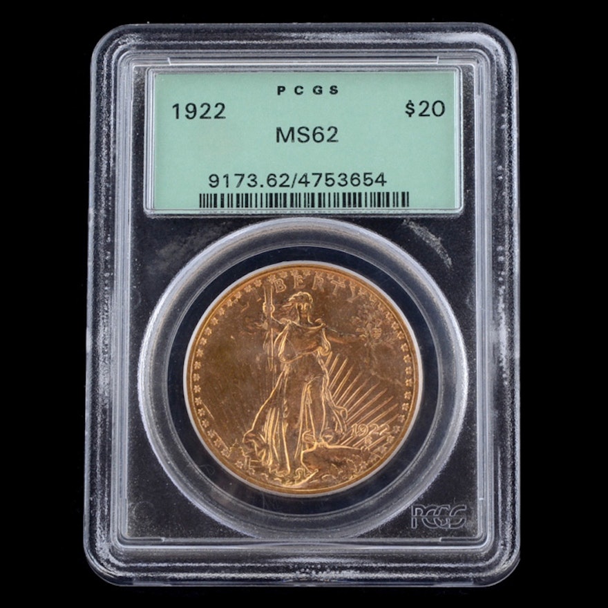 Encapsulated and Graded MS62 (By PCGS) 1922 $20 St. Gaudens Gold Coin