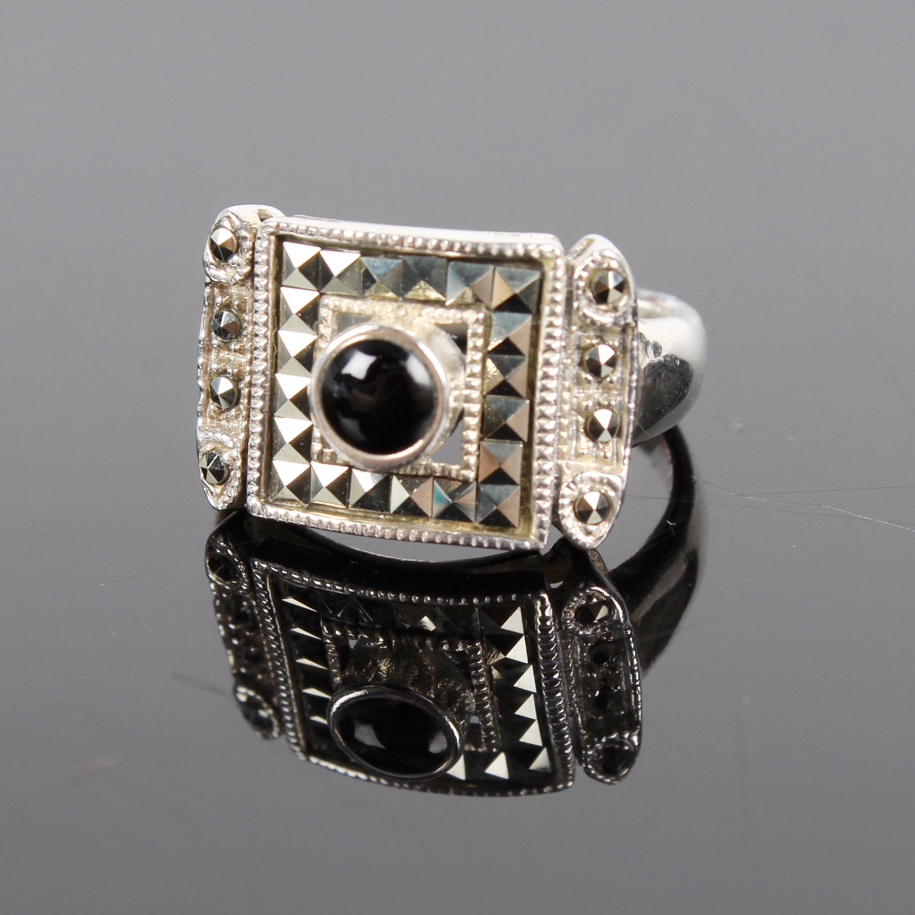 Sterling Silver, Marcasite, and Onyx Ring