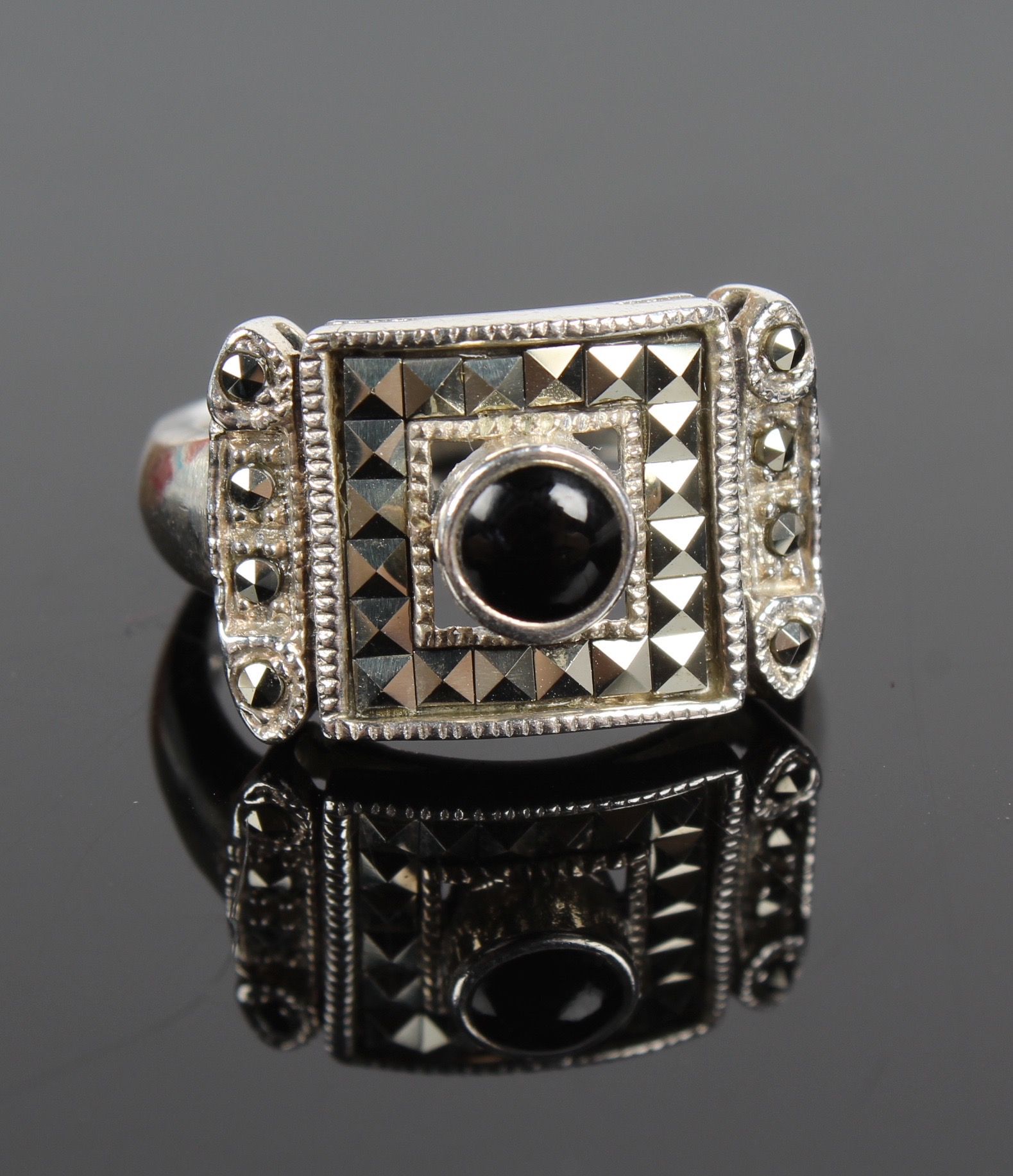 Sterling Silver, Marcasite, and Onyx Ring