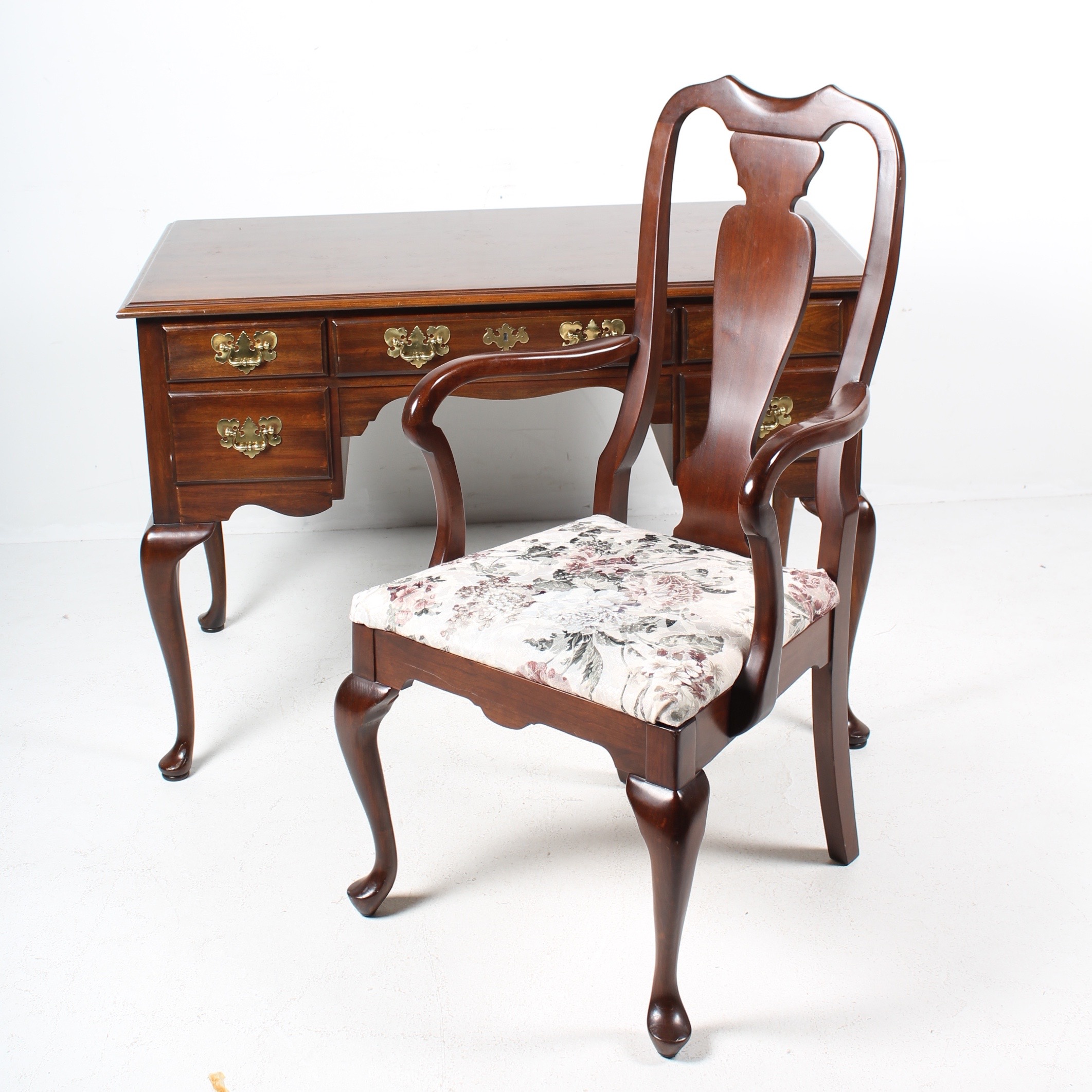 Queen Anne Style Desk with Brass Details by Harden and Chair