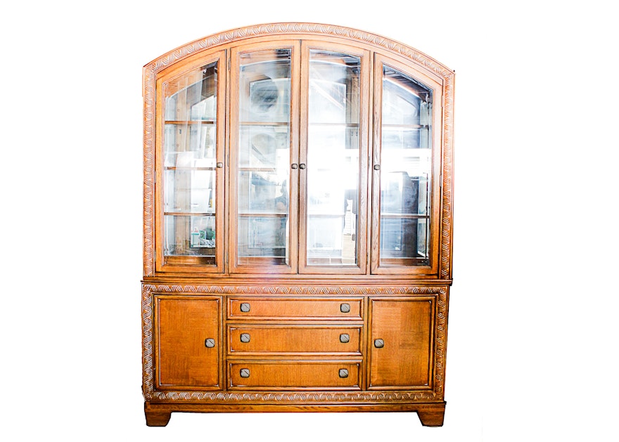 Lighted Oak China Hutch and Buffet