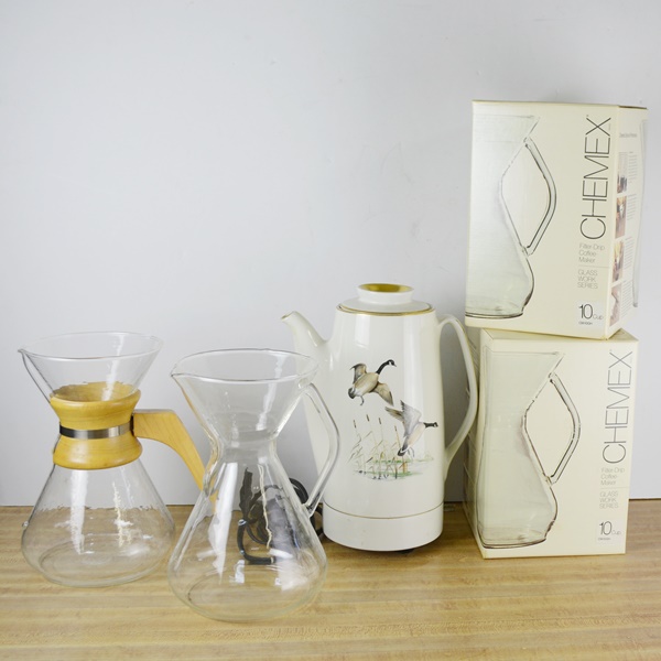 Three Chemex Filter Drip Coffee Maker and The Hall China Co Porcelain Percolater