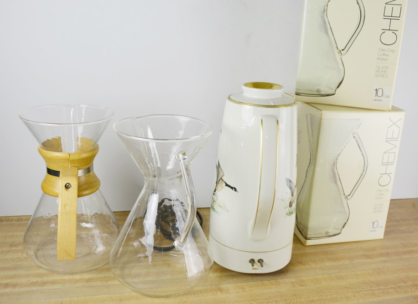 Three Chemex Filter Drip Coffee Maker and The Hall China Co Porcelain Percolater