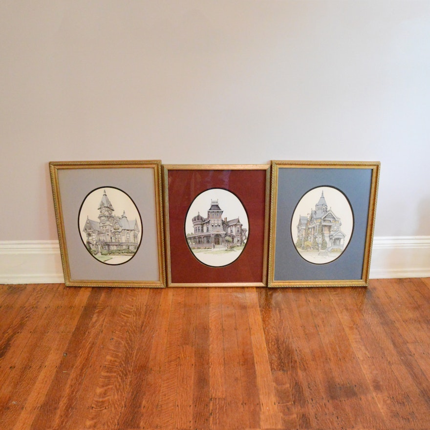 Trio of Signed Debbie Patrick Hand-Colored Prints Featuring Images of Victorian Houses