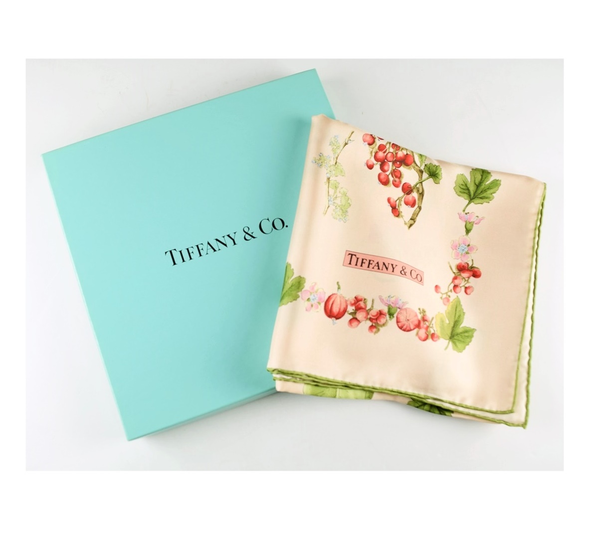 Tiffany Made in Italy Silk Scarf in Pale Pink with Flora and Hand Rolled Edge, In Original Tiffany Box