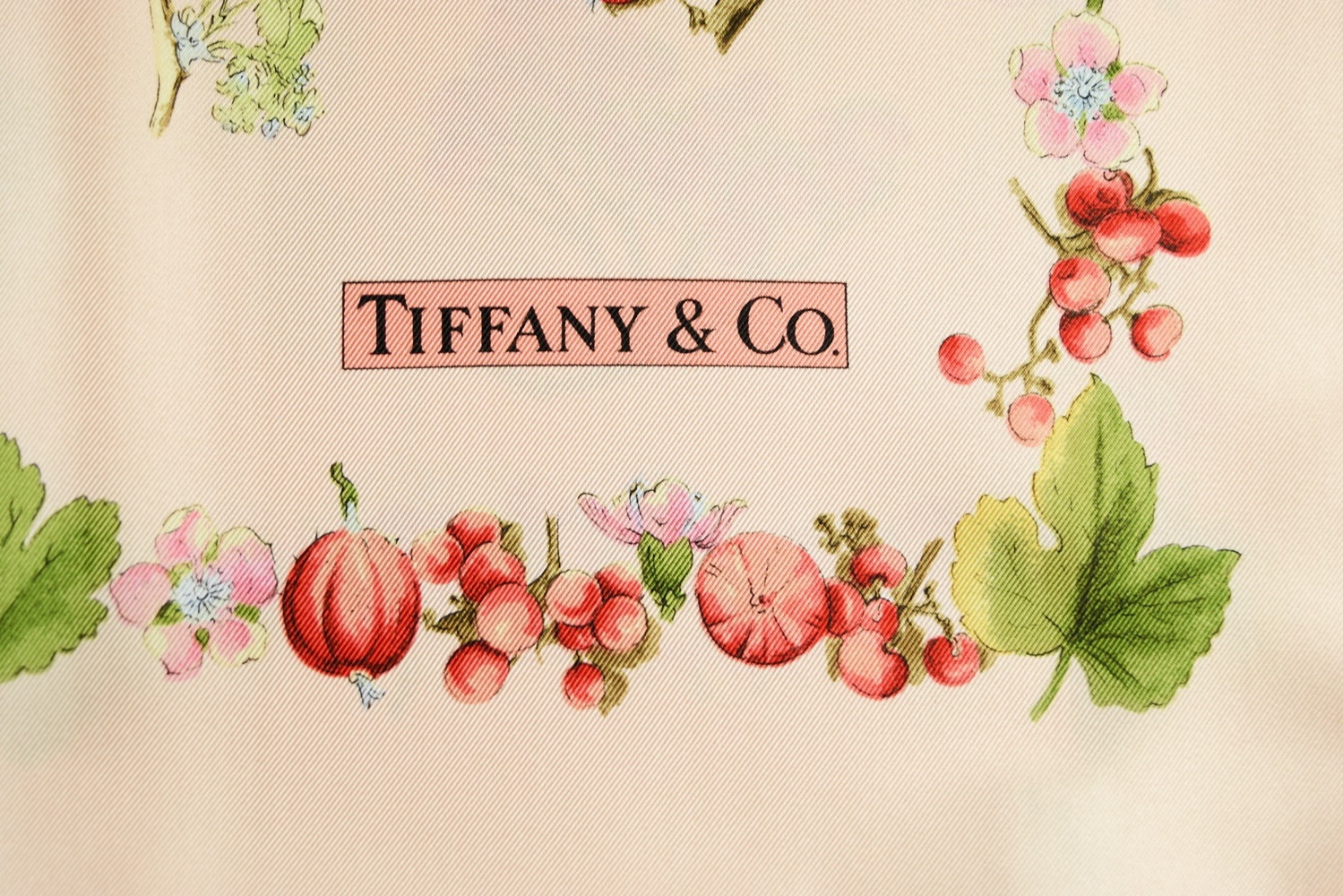 Tiffany Made in Italy Silk Scarf in Pale Pink with Flora and Hand Rolled Edge, In Original Tiffany Box