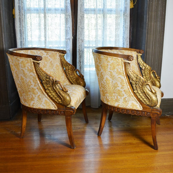 Pair of Beautiful Empire Style Swan Arm Barrel Chairs
