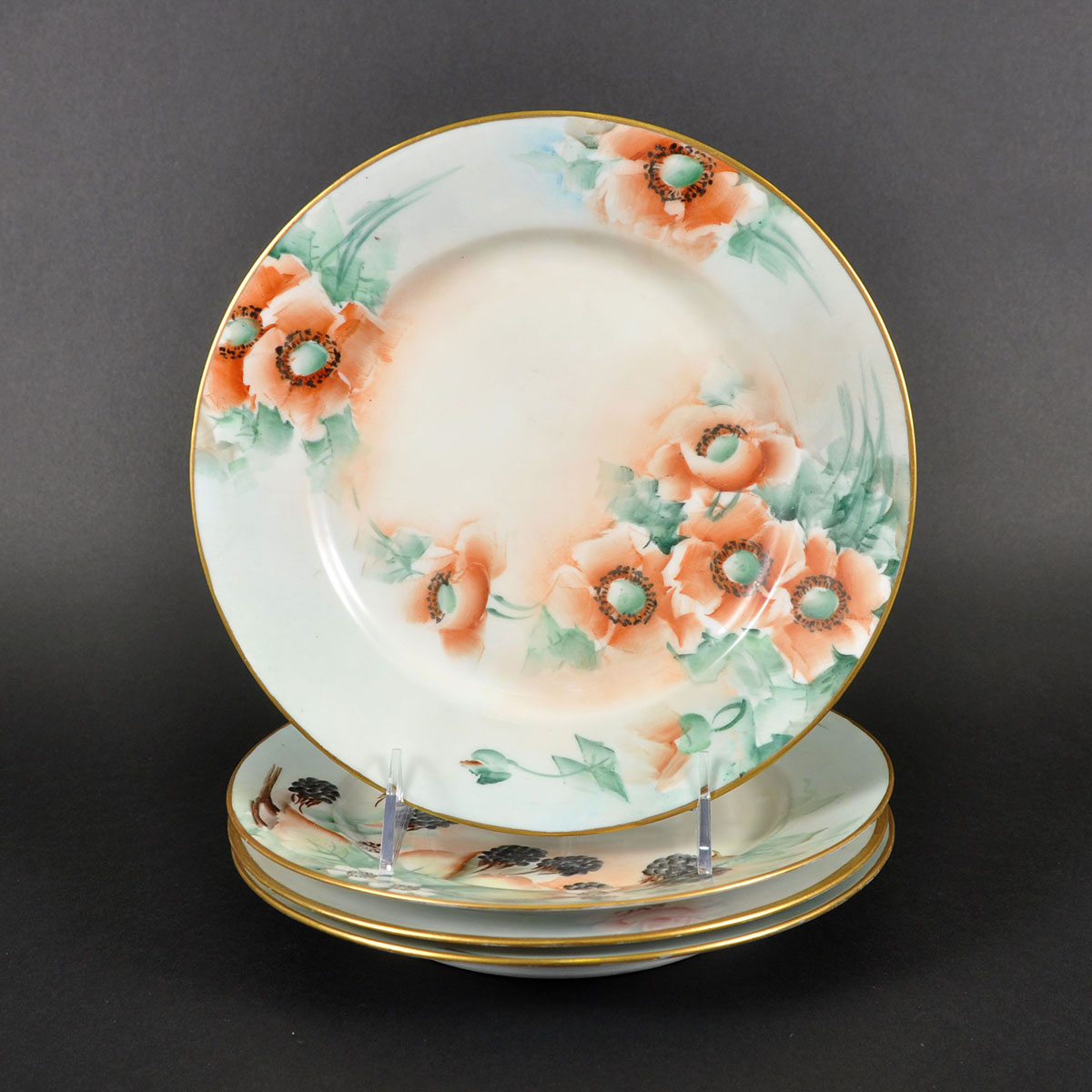 Set of Antique Haviland France Hand Painted Porcelain Tea Plates with Gold Tone Rims