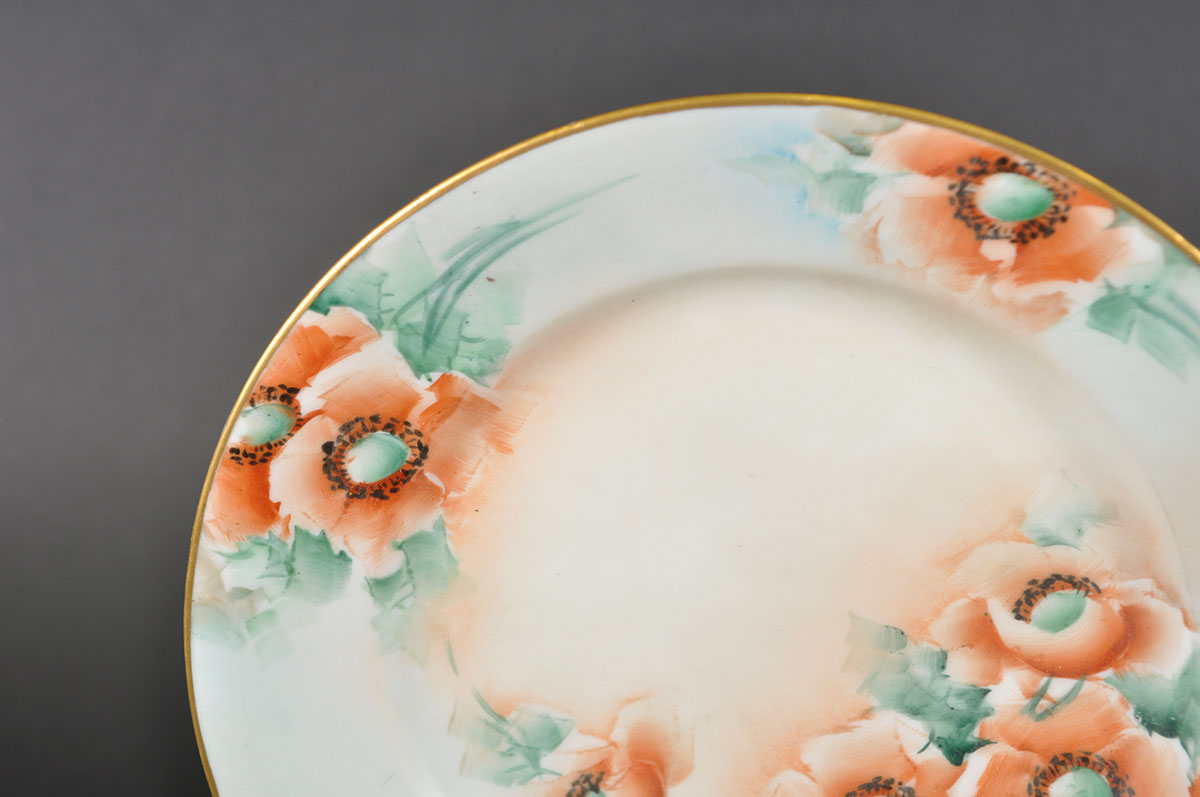 Set of Antique Haviland France Hand Painted Porcelain Tea Plates with Gold Tone Rims