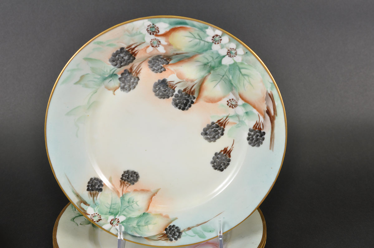 Set of Antique Haviland France Hand Painted Porcelain Tea Plates with Gold Tone Rims