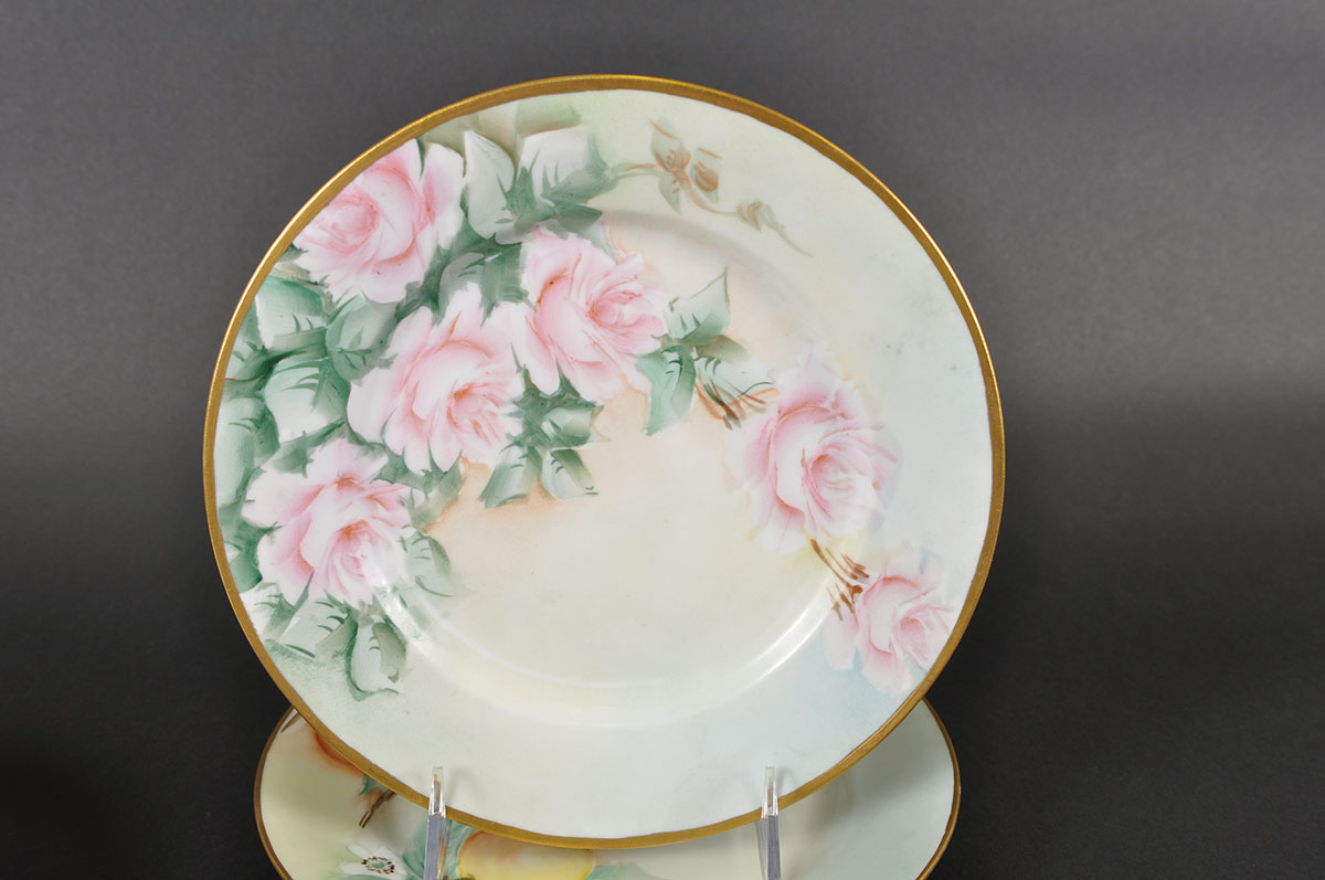 Set of Antique Haviland France Hand Painted Porcelain Tea Plates with Gold Tone Rims