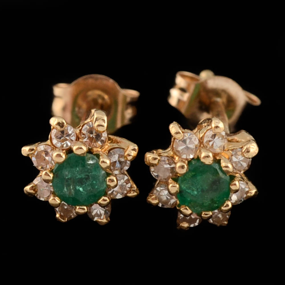 14K Yellow Gold Diamond and Emerald Earrings