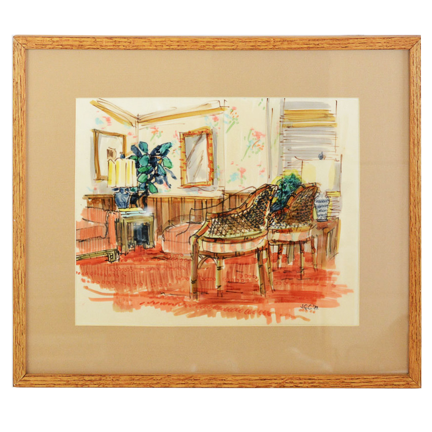Framed Vintage Watercolor Painting of an Interior Scene