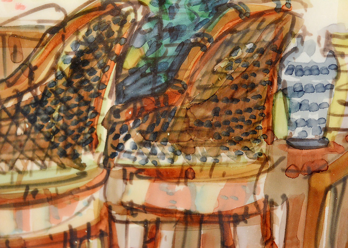 Framed Vintage Watercolor Painting of an Interior Scene