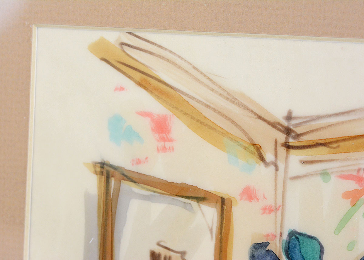 Framed Vintage Watercolor Painting of an Interior Scene