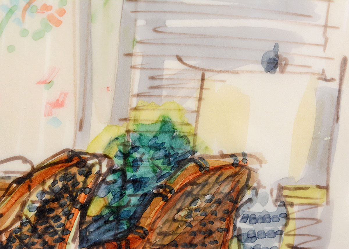 Framed Vintage Watercolor Painting of an Interior Scene