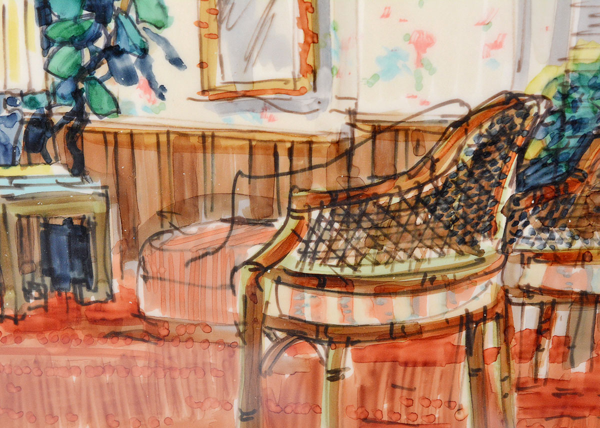 Framed Vintage Watercolor Painting of an Interior Scene