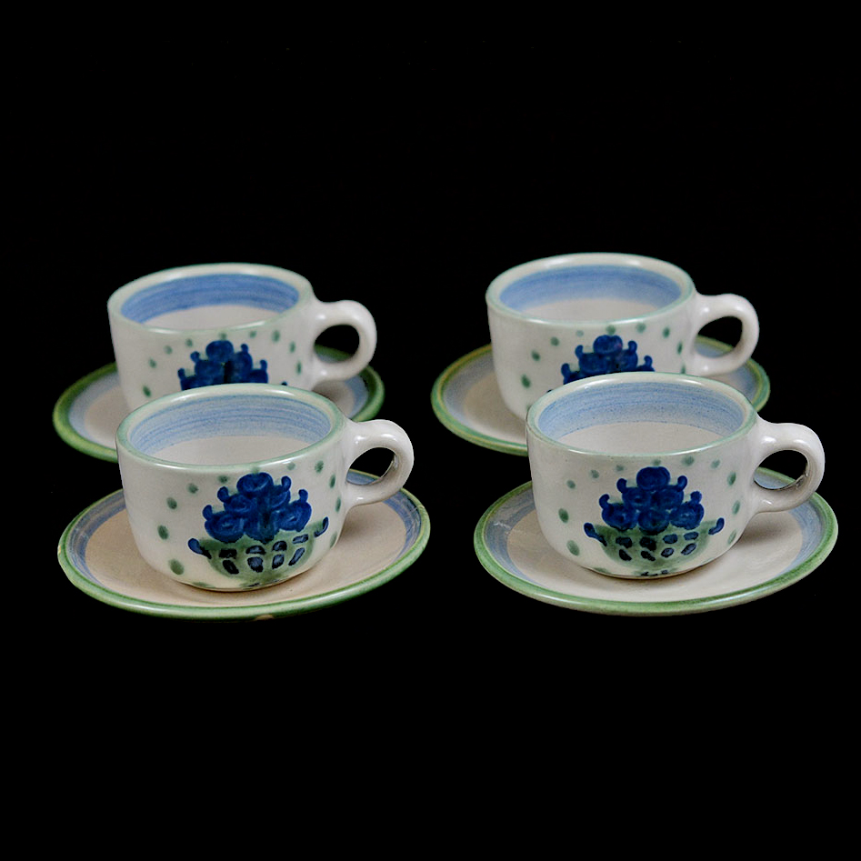 Four M.A. Hadley Pottery "Bouquet" Short Teacups and Saucers