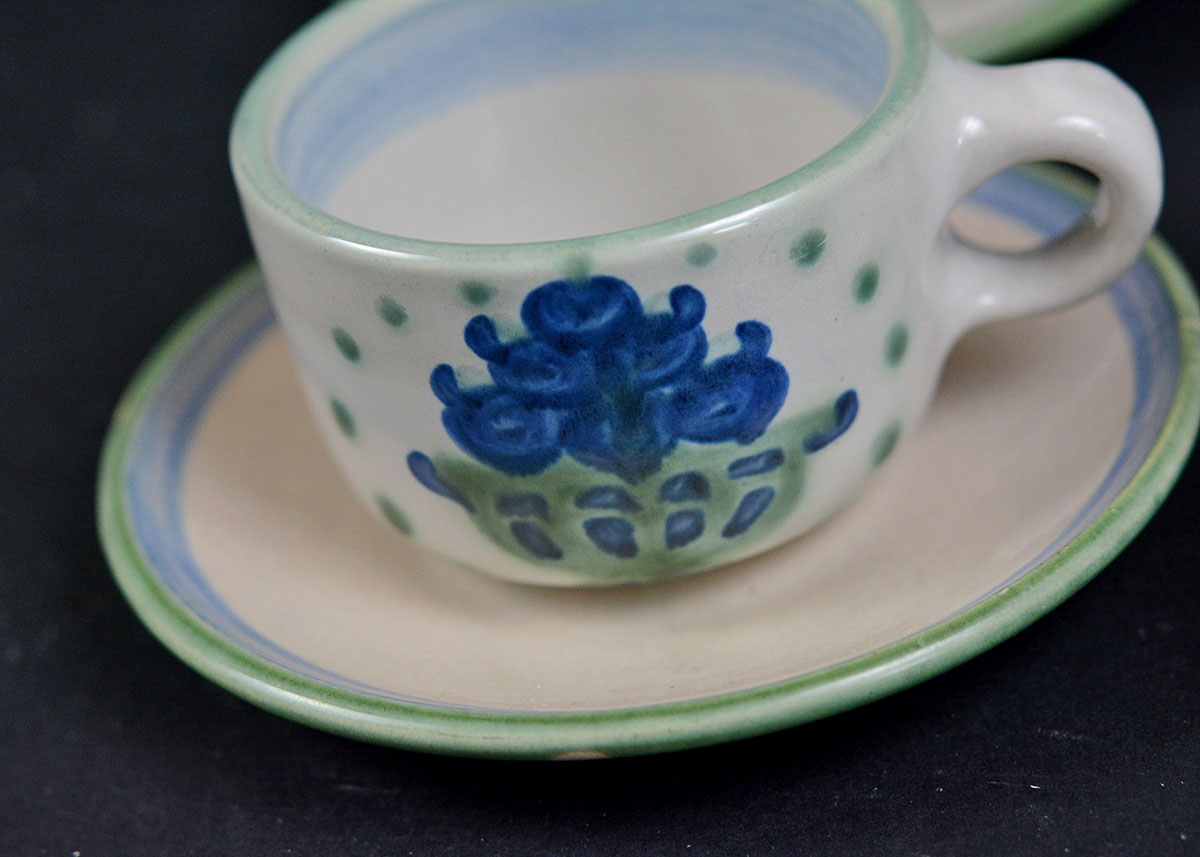 Four M.A. Hadley Pottery "Bouquet" Short Teacups and Saucers