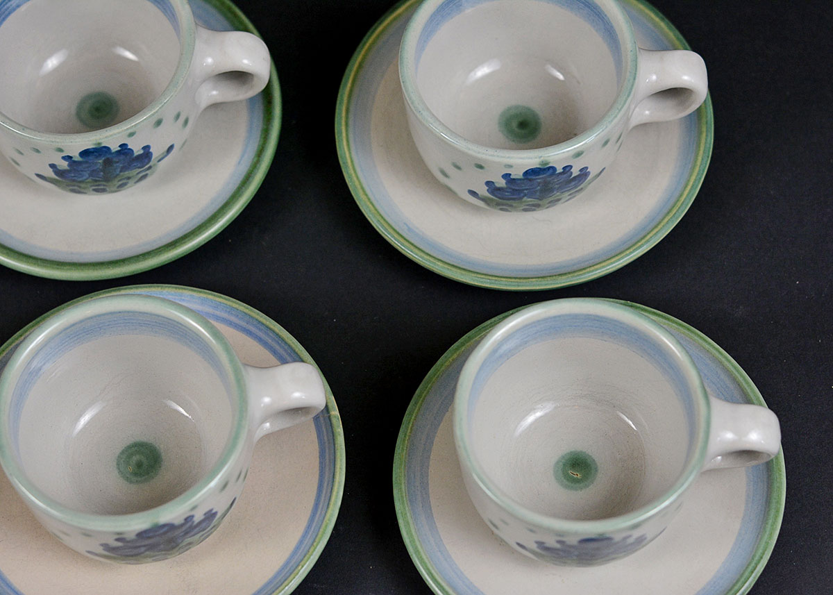 Four M.A. Hadley Pottery "Bouquet" Short Teacups and Saucers