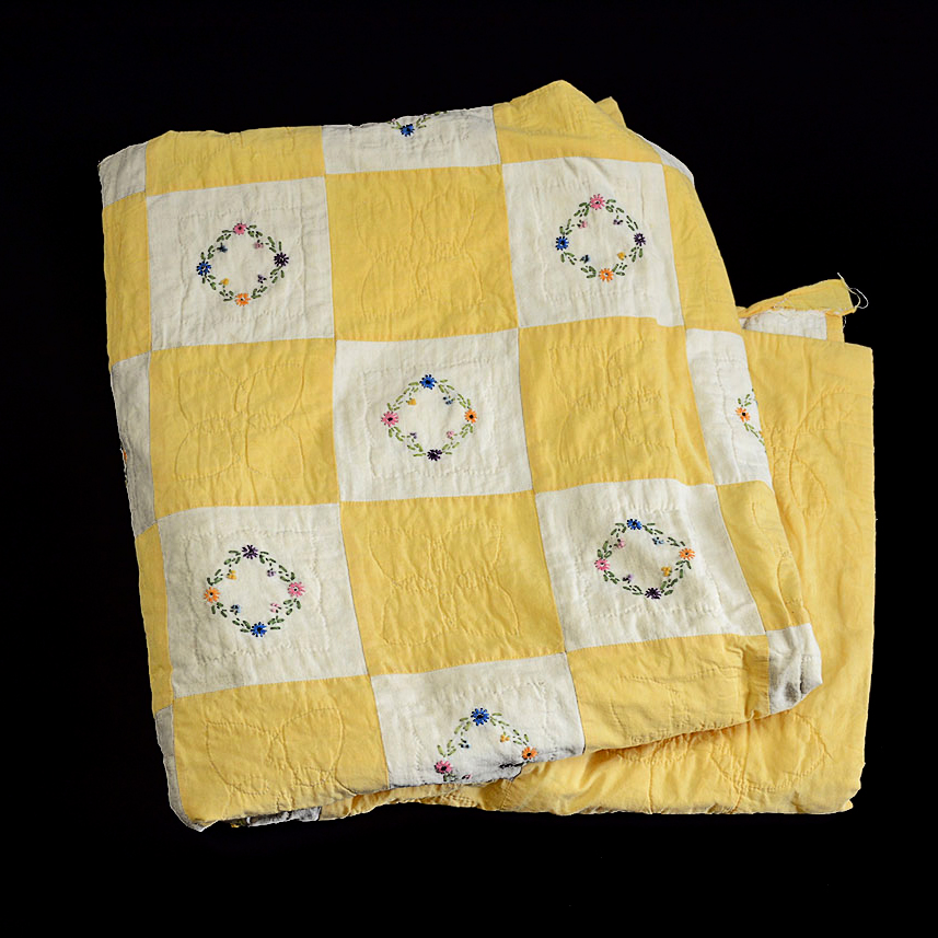 Vintage Handmade Yellow and White Embroidered Quilt