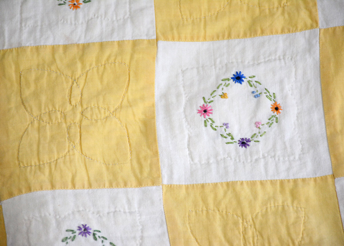 Vintage Handmade Yellow and White Embroidered Quilt