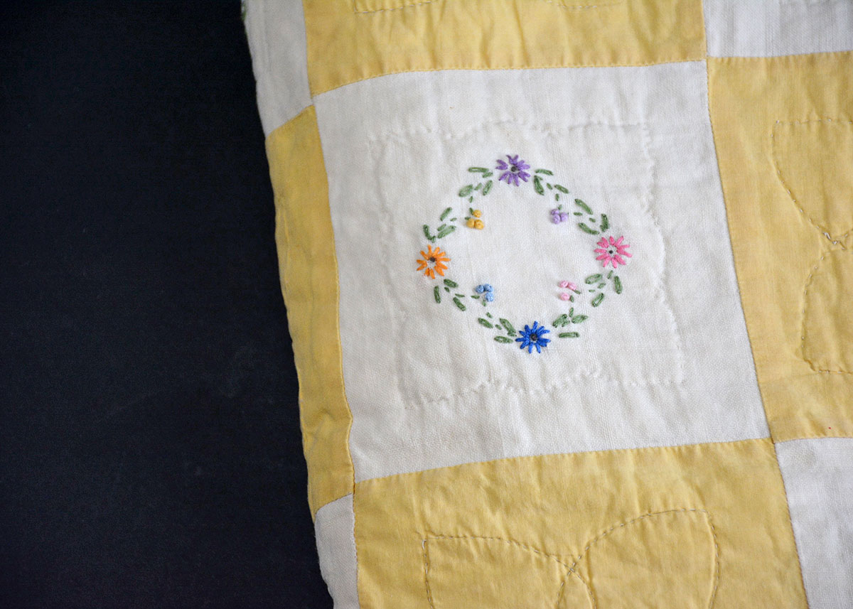 Vintage Handmade Yellow and White Embroidered Quilt
