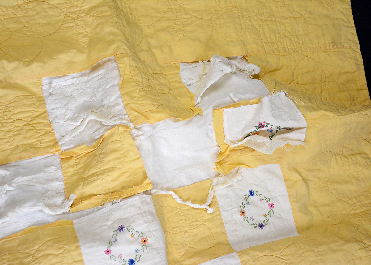 Vintage Handmade Yellow and White Embroidered Quilt