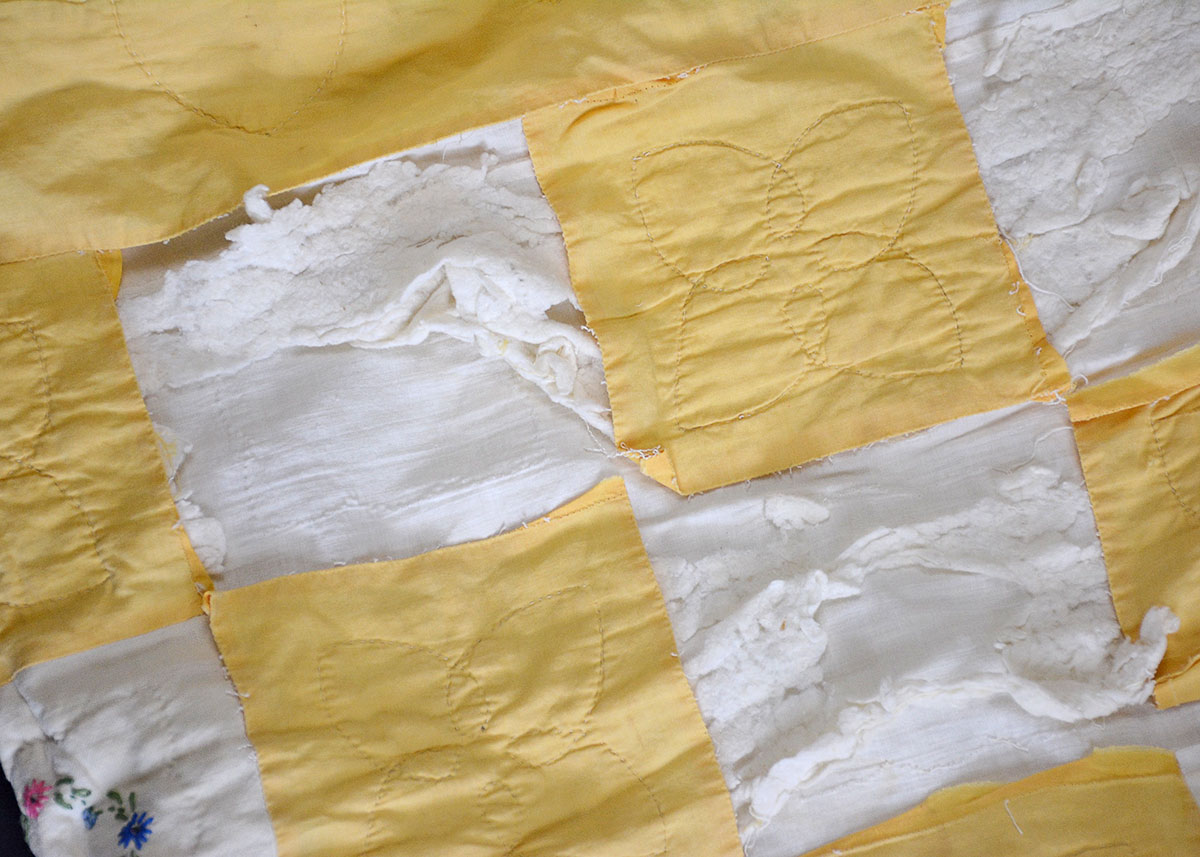 Vintage Handmade Yellow and White Embroidered Quilt