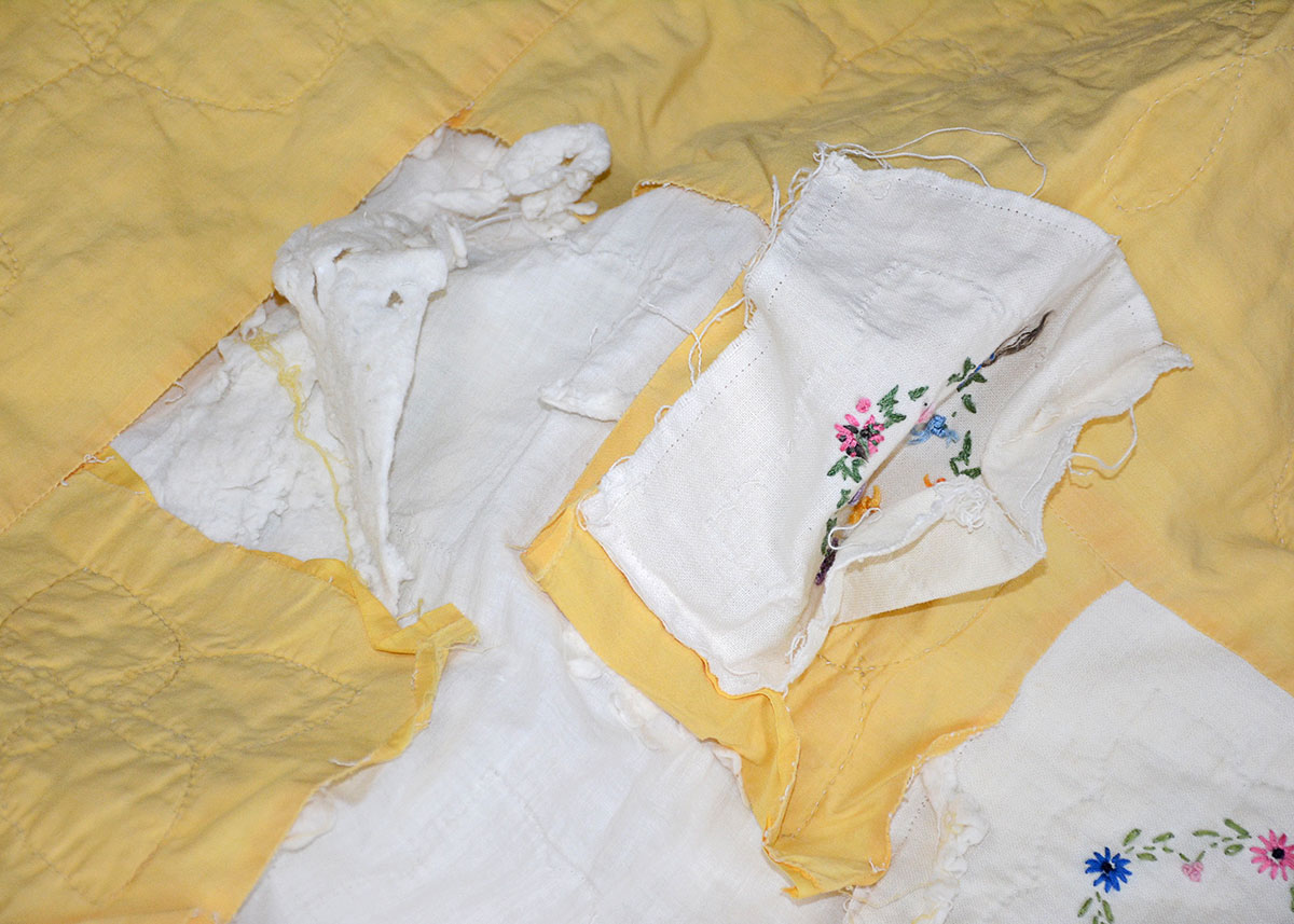 Vintage Handmade Yellow and White Embroidered Quilt