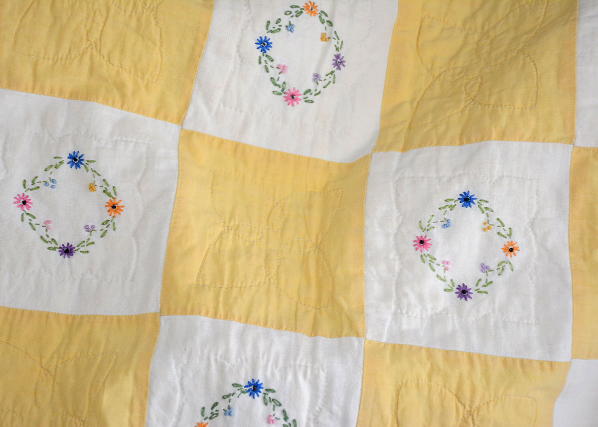 Vintage Handmade Yellow and White Embroidered Quilt