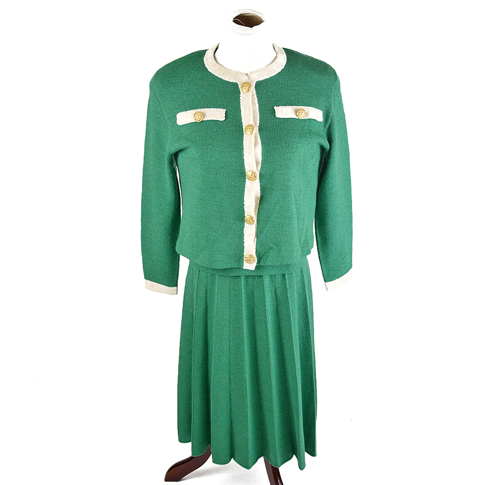 Vintage Green Knit Suit with Pleated Skirt