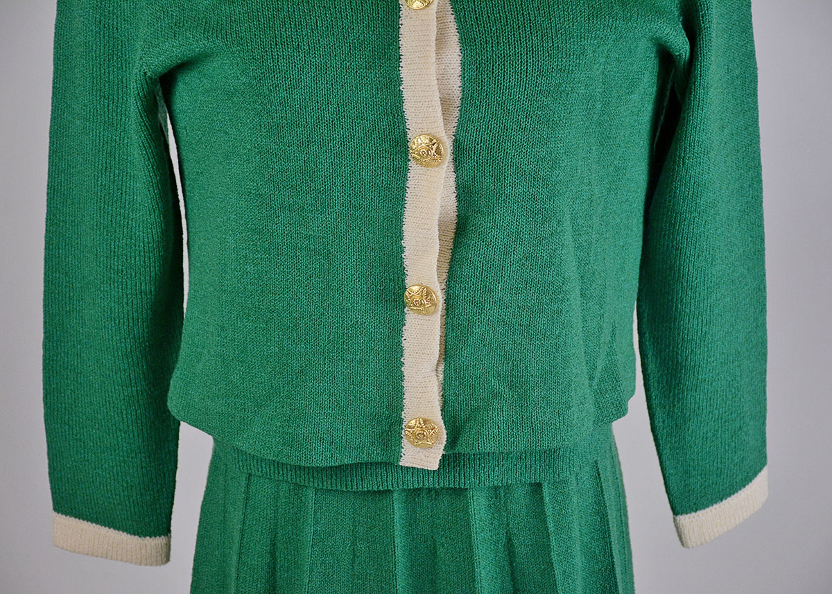 Vintage Green Knit Suit with Pleated Skirt
