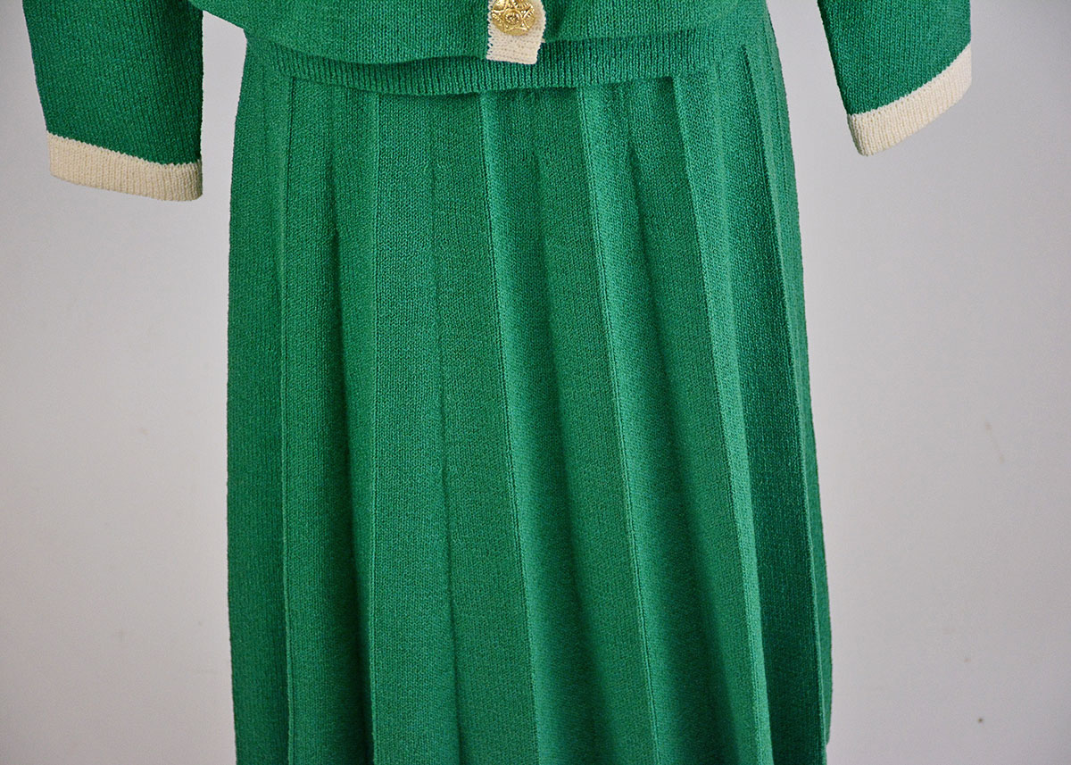Vintage Green Knit Suit with Pleated Skirt