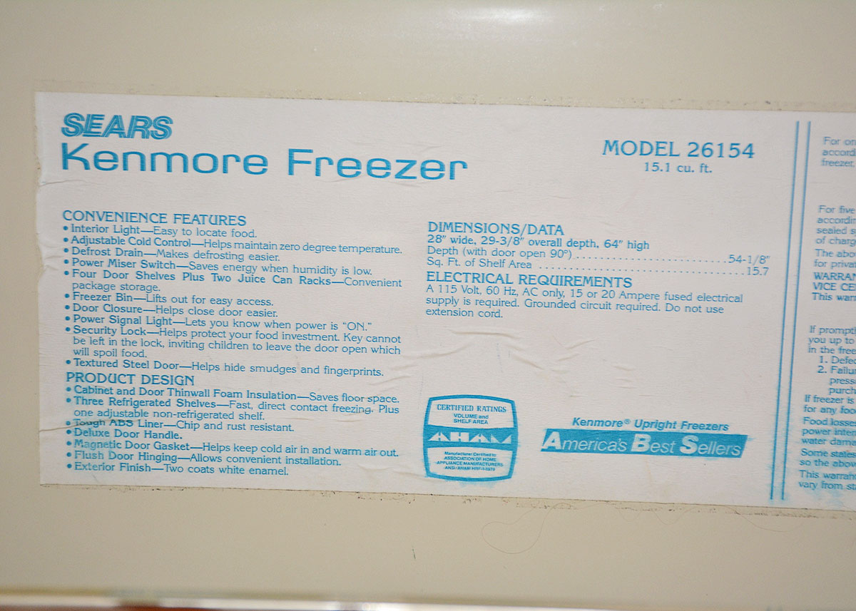 Sears Kenmore 15.1 Cubic Foot Locking Upright Freezer