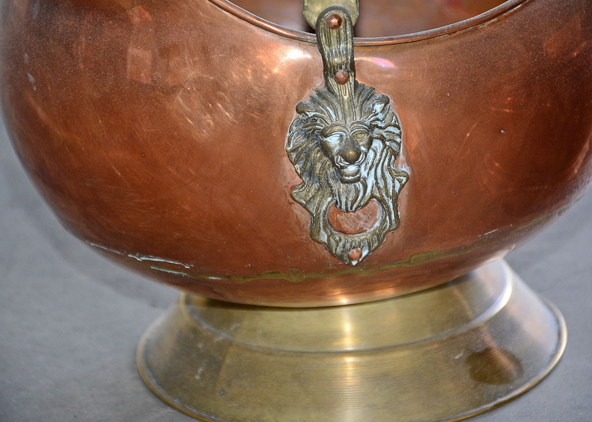 Antique Hand Hammered Copper Coal Scuttle and Weighted Planter