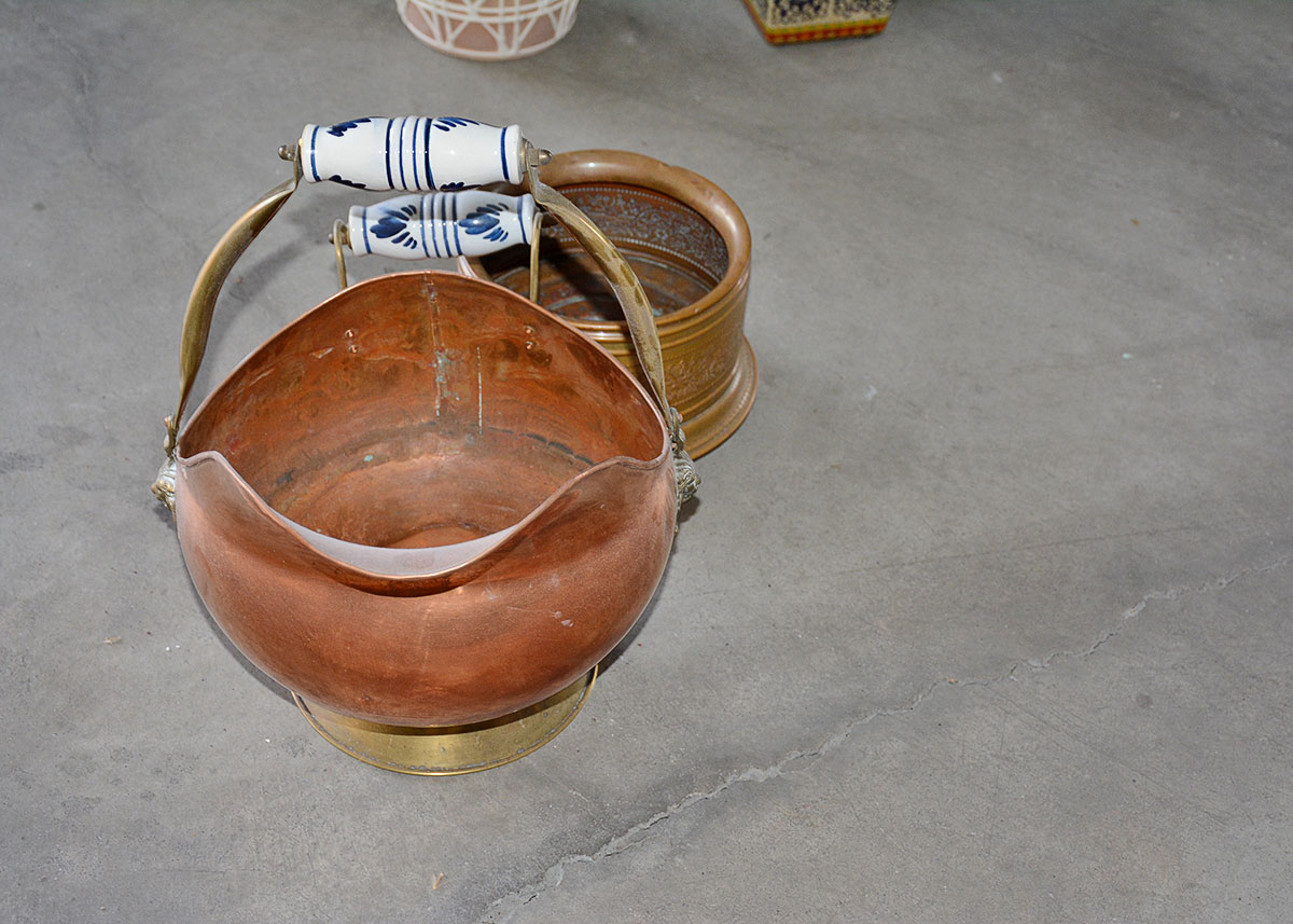 Antique Hand Hammered Copper Coal Scuttle and Weighted Planter