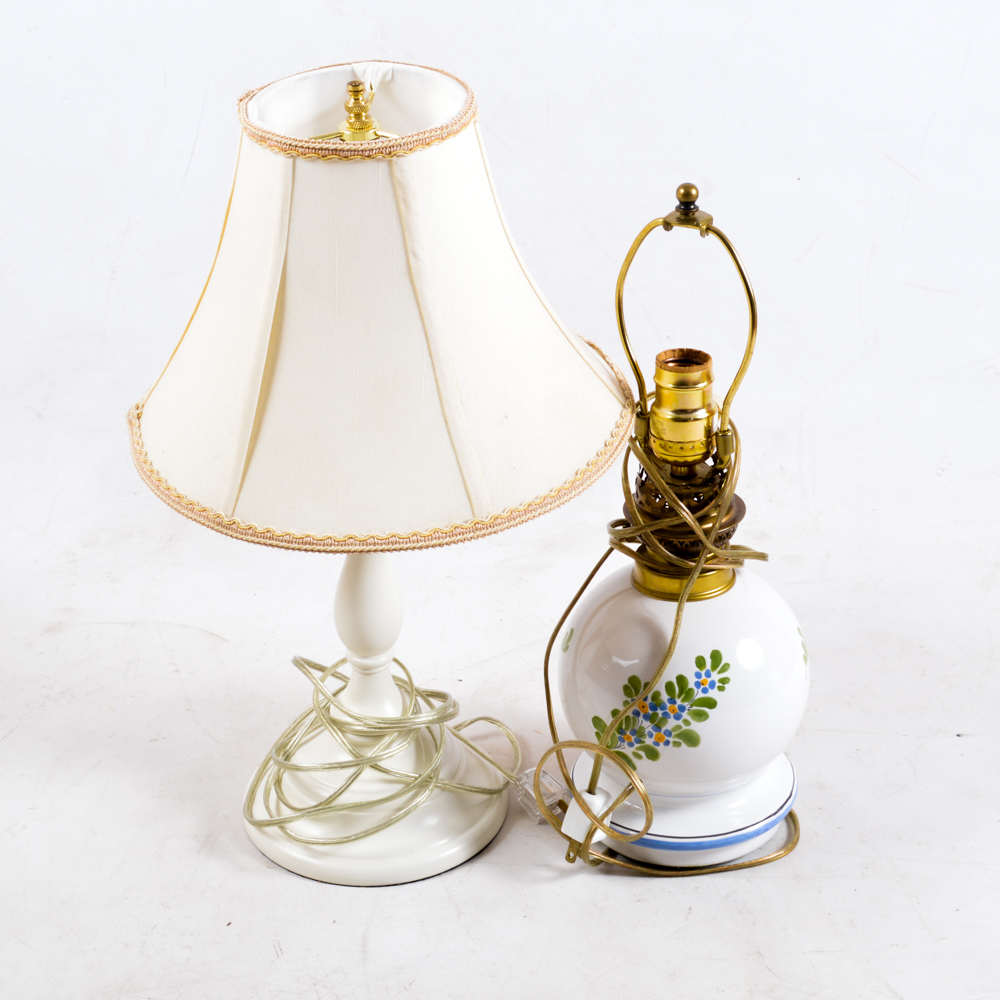 Turned Wood and French Hand-Painted Table Lamps