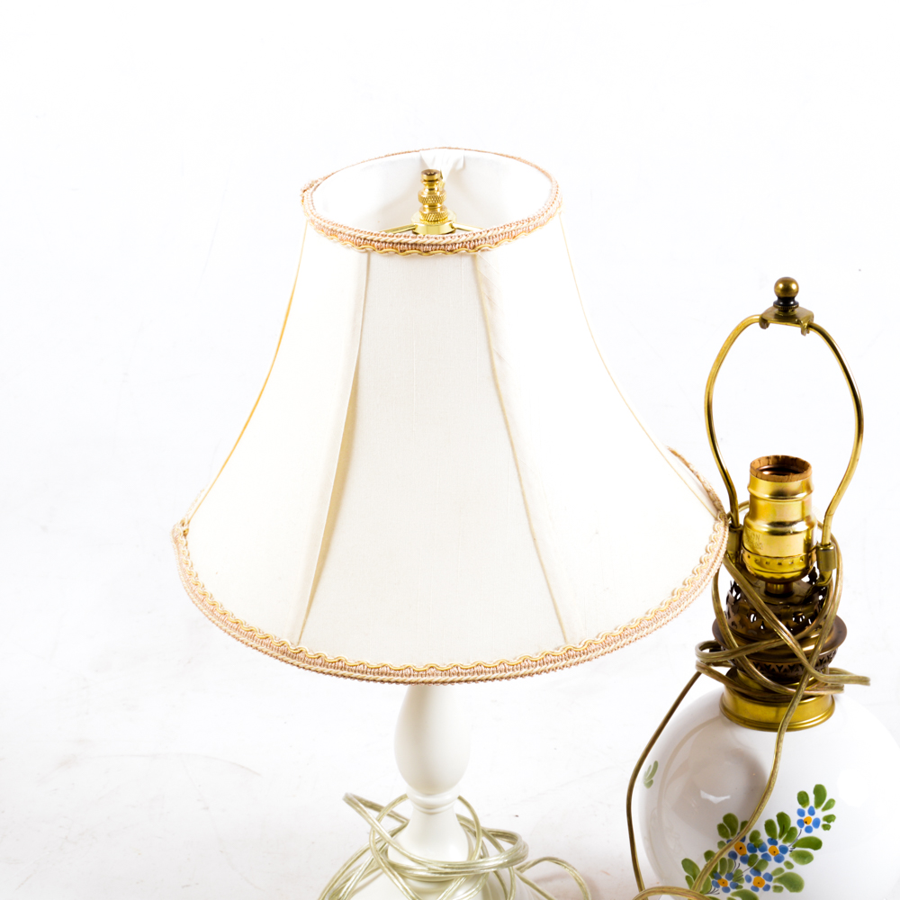 Turned Wood and French Hand-Painted Table Lamps