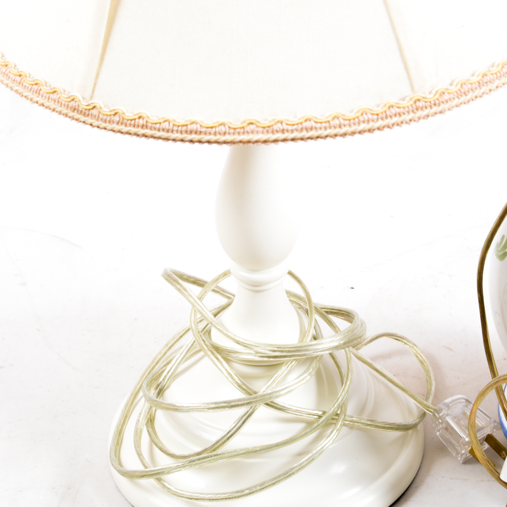 Turned Wood and French Hand-Painted Table Lamps