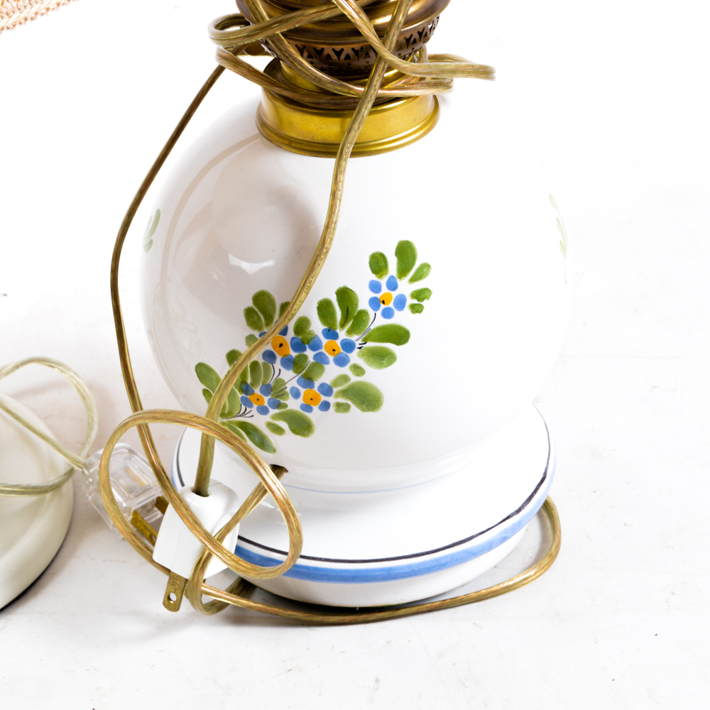 Turned Wood and French Hand-Painted Table Lamps