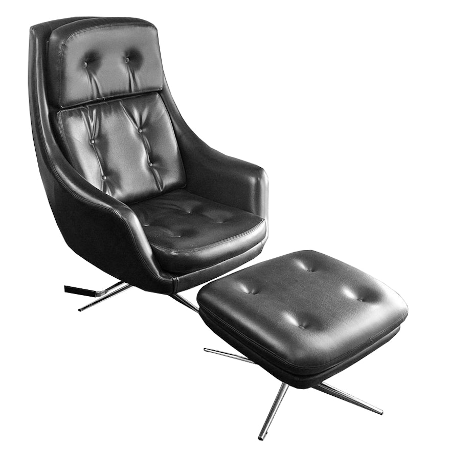 Mid Century Modern Black Leatherette Overman Lounge Chair and Ottoman