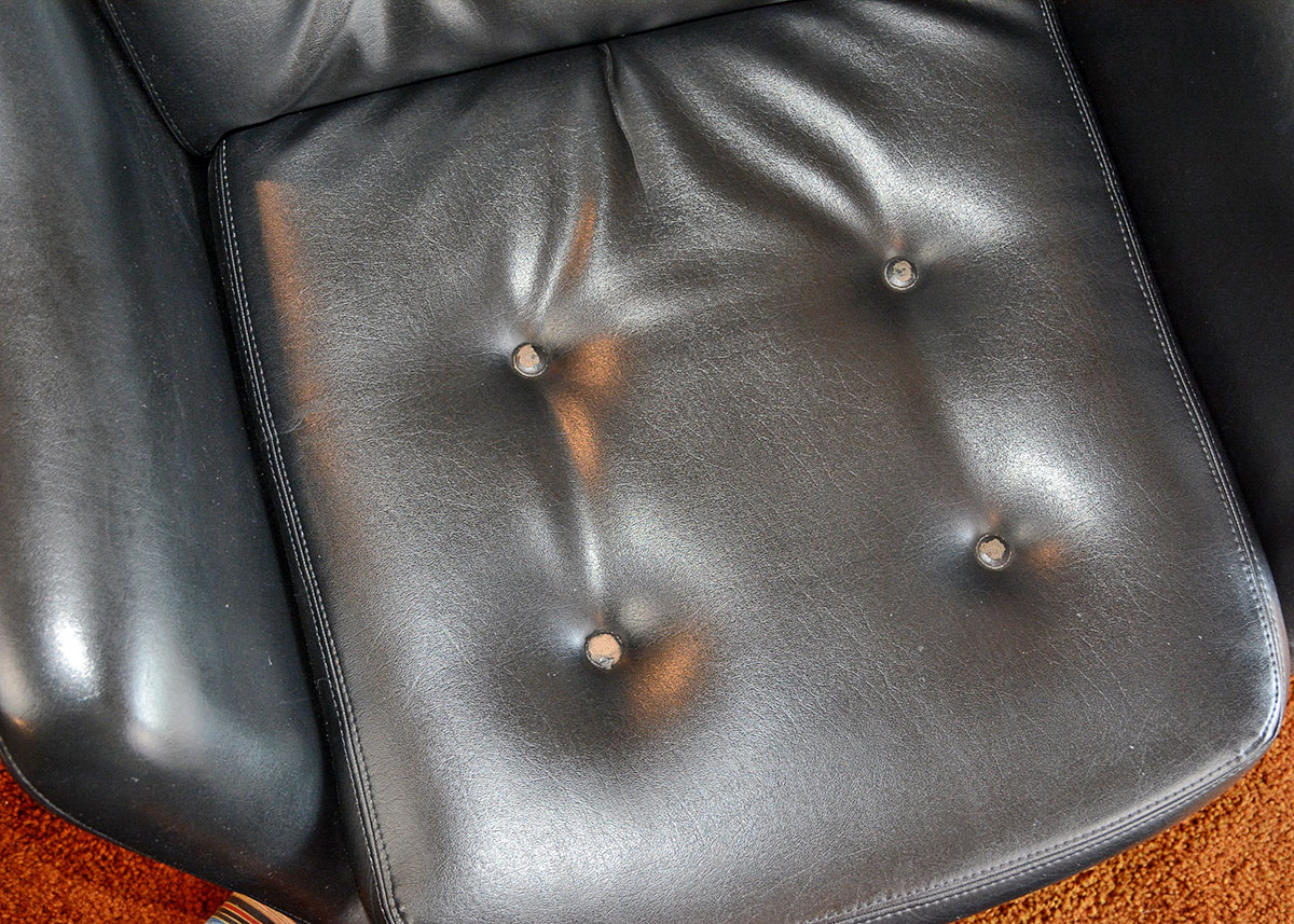Mid Century Modern Black Leatherette Overman Lounge Chair and Ottoman