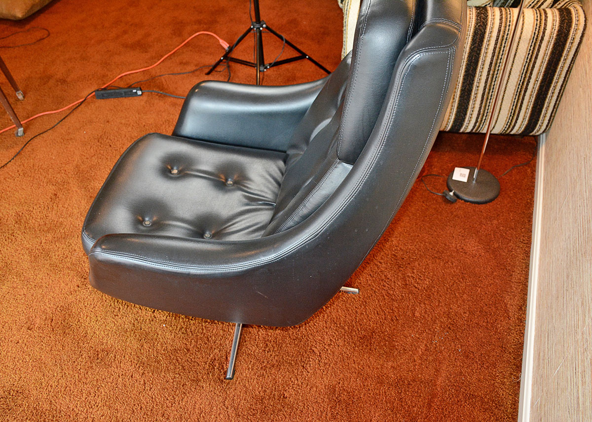 Mid Century Modern Black Leatherette Overman Lounge Chair and Ottoman