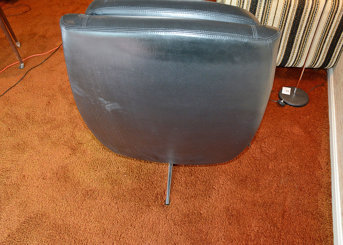 Mid Century Modern Black Leatherette Overman Lounge Chair and Ottoman