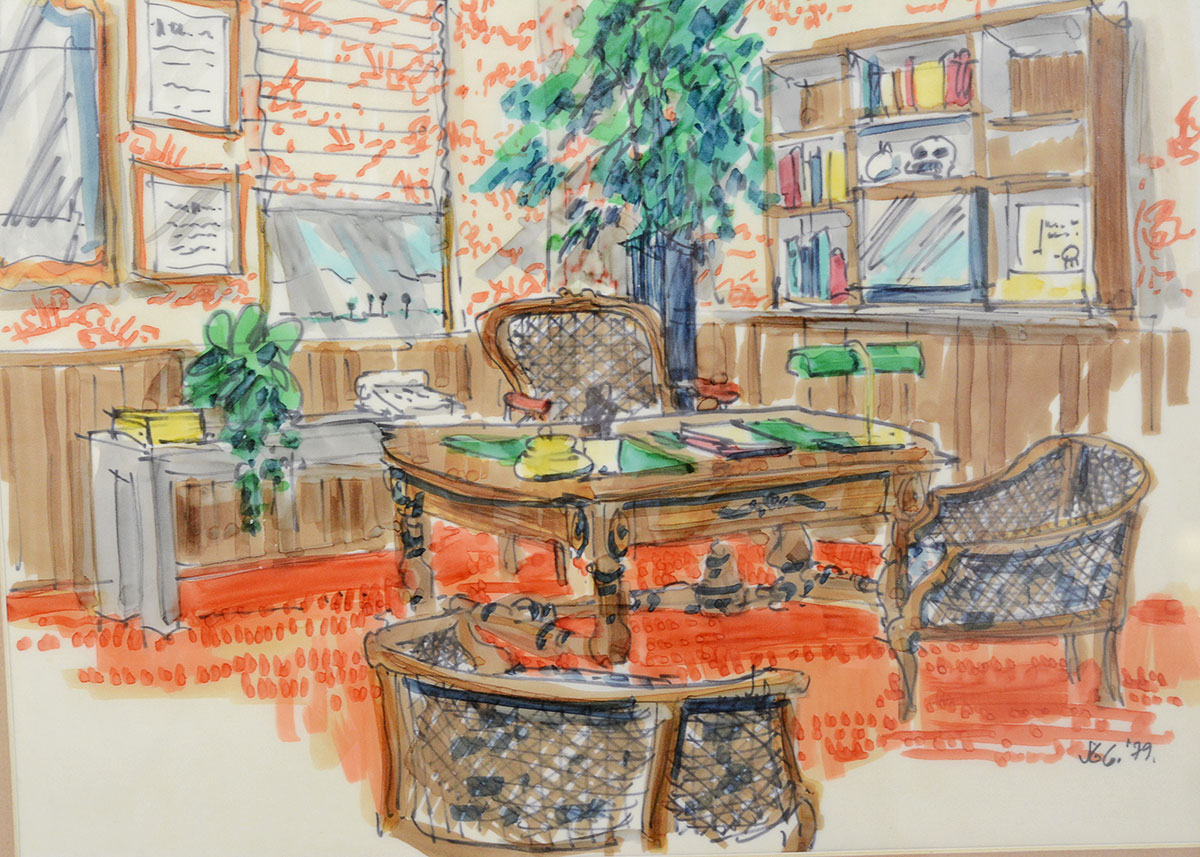 Framed Vintage Watercolor Painting of an Interior Scene