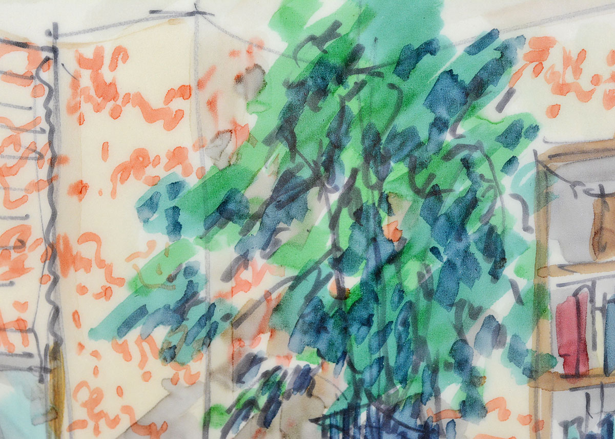 Framed Vintage Watercolor Painting of an Interior Scene